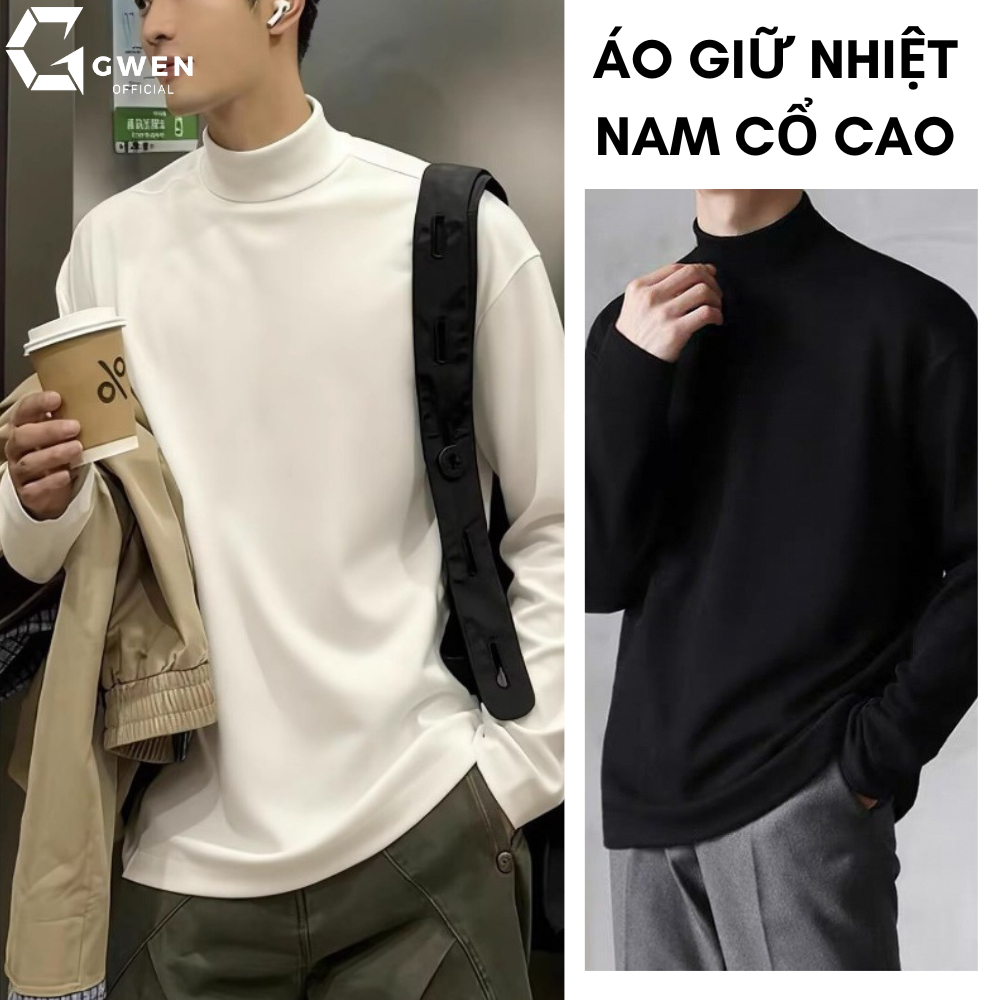 Áo Giữ Nhiệt Nam GWEN Áo Thun Nam Tay Dài Có Cổ Cao Lót Nỉ Thu Đông Giữ Ấm Cao Cấp Màu Trắng Đen Ghi