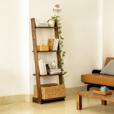 Kệ thang FEGO 5 tầng để sách gỗ thông tự nhiên trang trí phòng khách, phòng làm việc