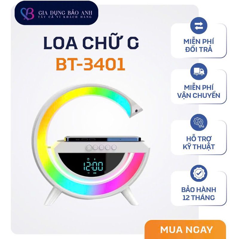 Loa Bluetooth BT3401 Chữ G Kiêm Sạc Không Dây Đồng Hồ Báo Thức Đèn Ngủ RGB Trang Trí decoer Phòng  -