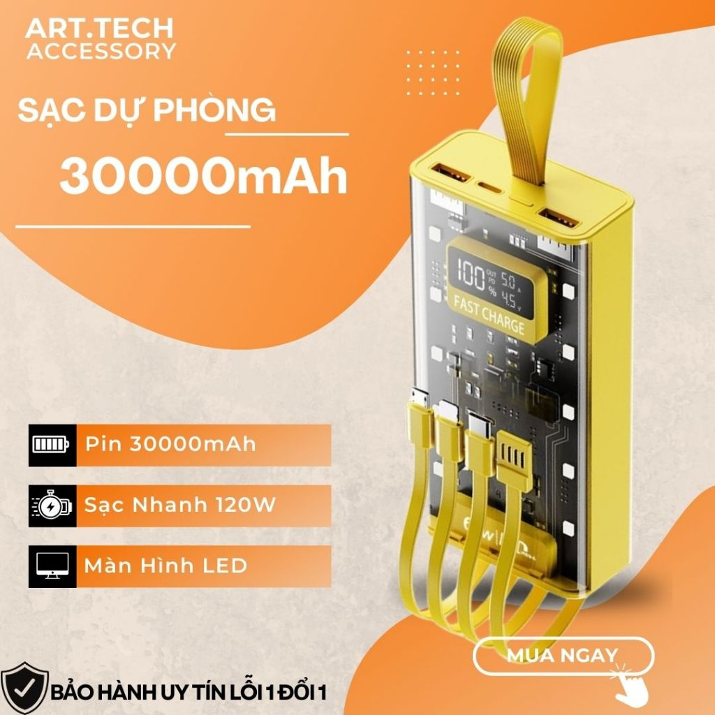 Pin DỰ PHÒNG 30.000mAh TRONG SUỐT – NHANH 120W và PD25W  4 DÂY SẠC TÍCH HỢP – 6 Cổng - MÀN HÌNH LED% | BigBuy360 - bigbuy360.vn
