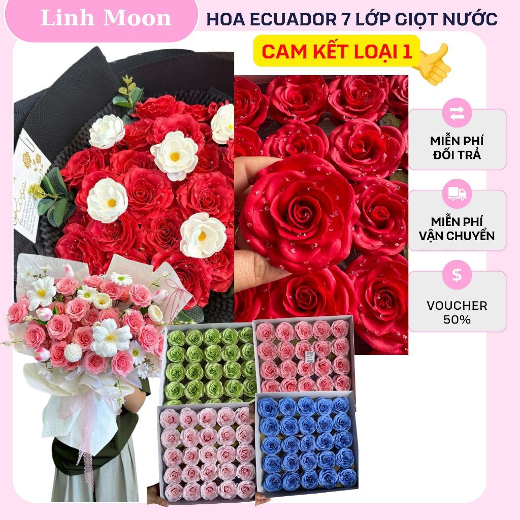 [GIỌT NƯỚC VIP] Hộp 25 Bông Hoa Sáp Ecuador Giọt Nước, Hoa Ecuador Hoa sáp 7 lớp Loại 1 Linh Moon