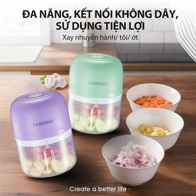 Dụng cụ xay tỏi ớt, thực phẩm Samono, 250ml, lưỡi dao xay bén, nút nhấn rút tiện lợi, pin sạc 800MAH
