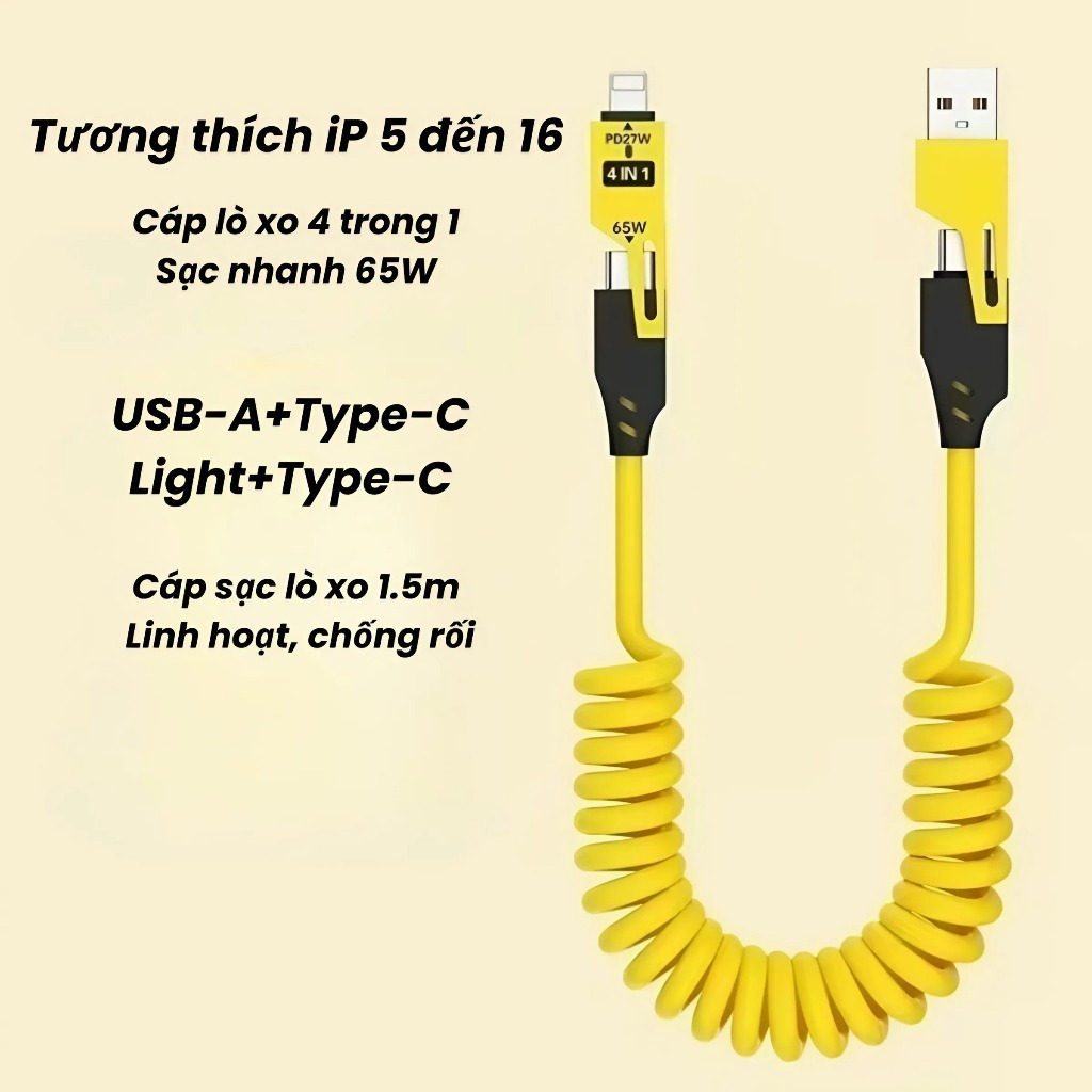Dây Sạc Điện Thoại 4in1 65W Tiện Lợi, Dây Sạc 4 Đầu C to L, C to C, USB to C, USB to L Chống Rối