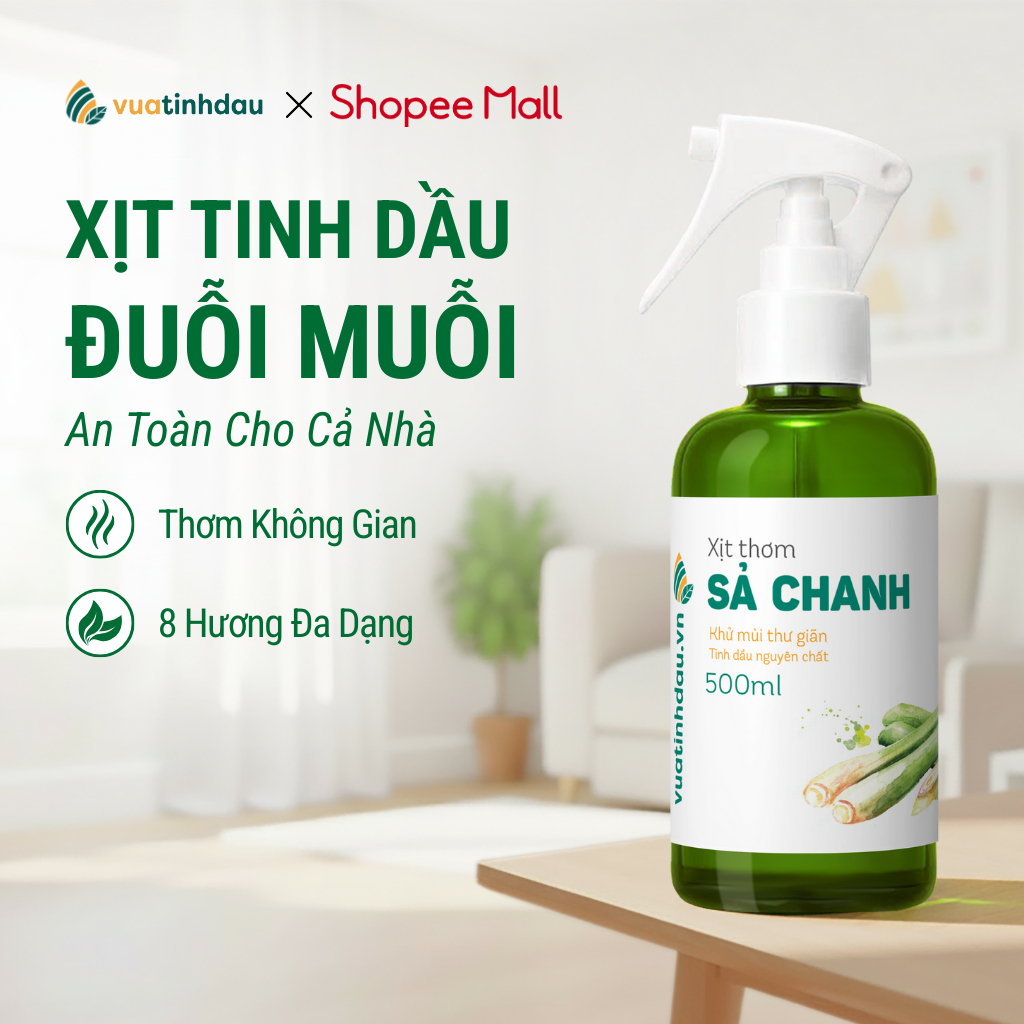 Xịt Tinh Dầu Sả Chanh VUATINHDAU Đuổi Muỗi, Khử Mùi Ẩm Mốc, Thơm Phòng An Toàn Cho Bé 300/500ml