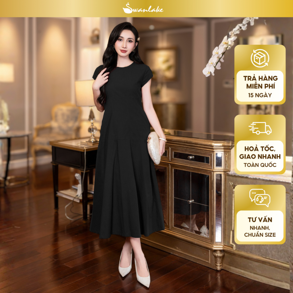 SWANLAKE | Váy Đầm Nữ Maxi Suông Trơn Đuôi Cá Xếp Ly Xòe Cotton Tay Hến Chiết Eo Tiệc Công Sở D13009