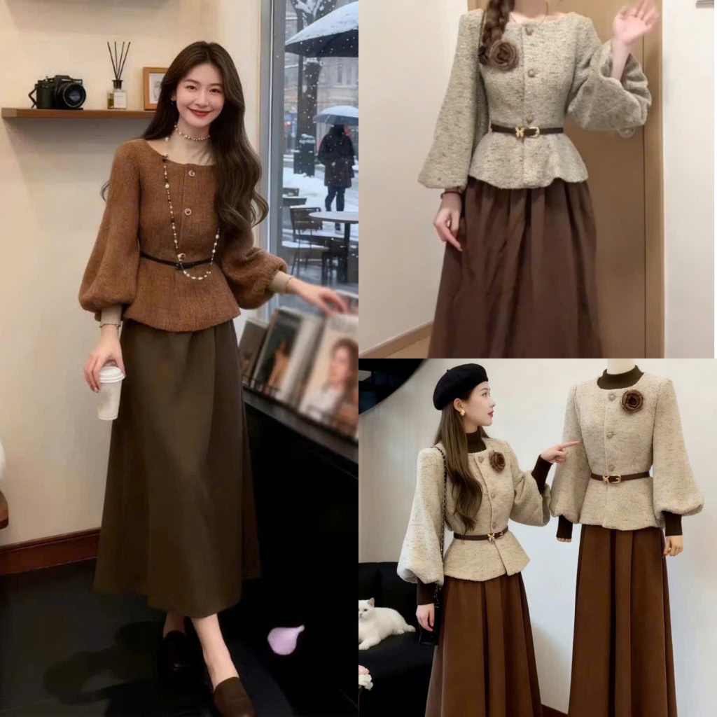 (Hàng Mới): Set Dạ 5 Món Áo Giữ Nhiệt Lót Lông+Áo Dạ Bí Bồng+Chân Váy Đũi Thái Tặng Kèm Đai Eo Và Ho