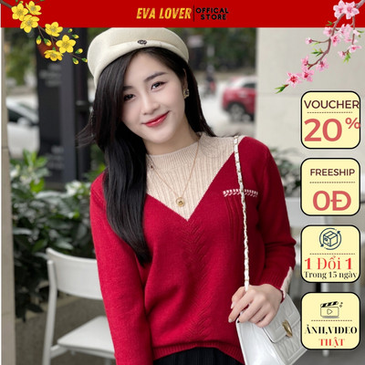 Áo len nữ họa tiết cổ V 5 phân Evalover mã 2808, chất len ép dầy dặn ấm áp