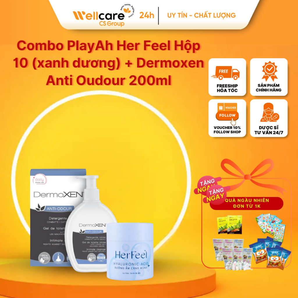 Combo PlayAh Her Feel Hộp 10 (xanh dương) + Dermoxen Anti Oudour 200ml