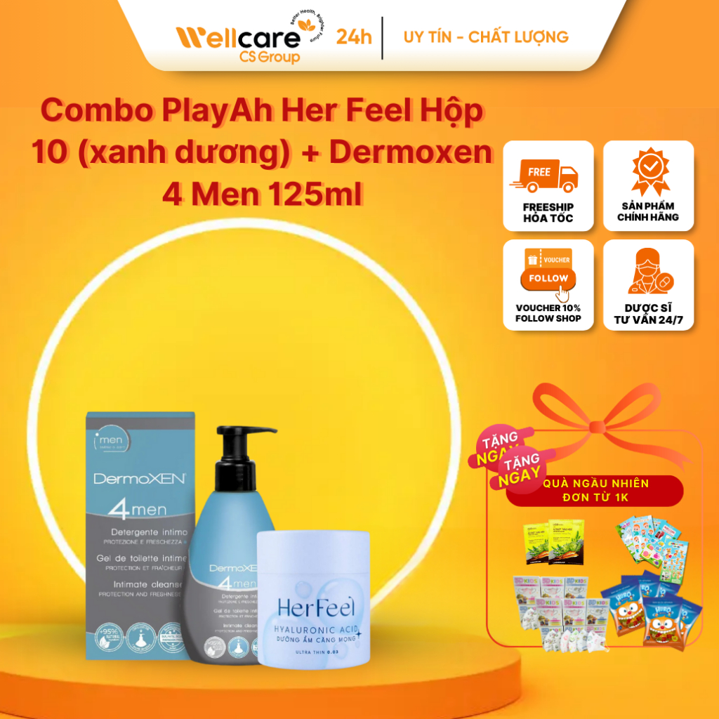 Combo PlayAh Her Feel Hộp 10 (xanh dương) + Dermoxen 4 Men 125ml