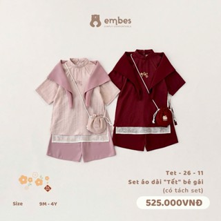   SET TẾT 2026  Áo Dài Tết Cho Bé Gái Kèm Set Khăn Túi Lì Xì Cho Bé Gái Mặc Diện Tết Size Từ 8-18Kg 