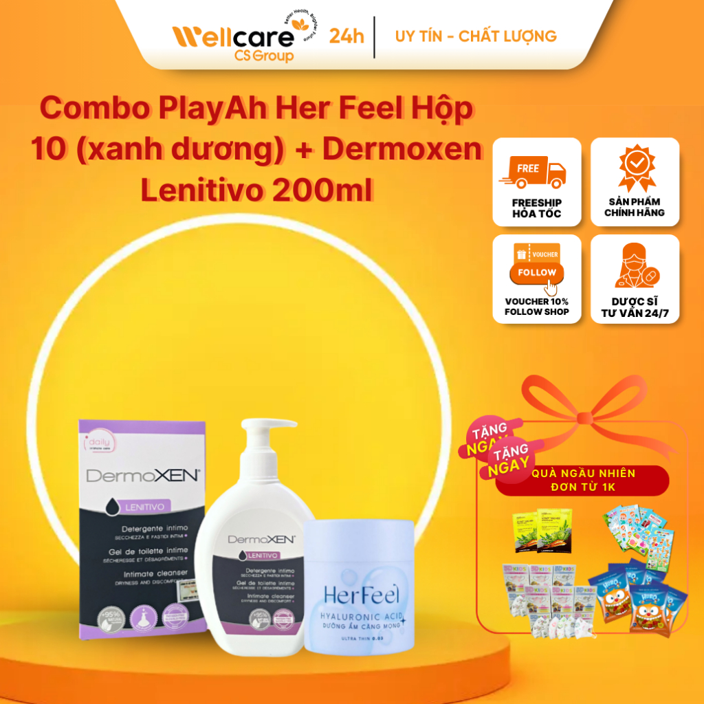 Combo PlayAh Her Feel Hộp 10 (xanh dương) + Dermoxen Lenitivo 200ml