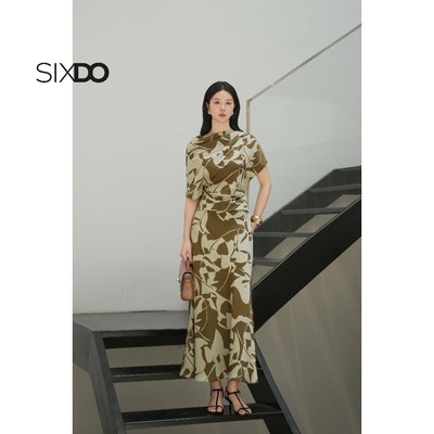 Đầm lụa ngắn tay lệch cổ xoắn eo SIXDO (Olive Silk Sarong Dress)