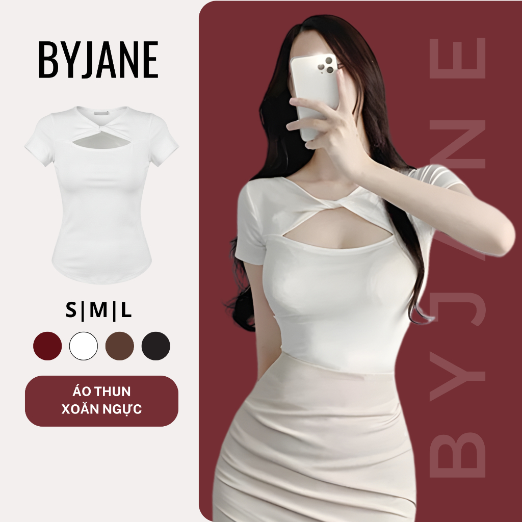 ( MỞ BÁN ) Áo Thun Cổ Tròn Xoắn Ngực-BYJANE-371
