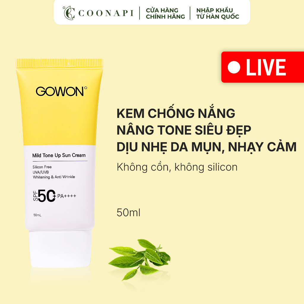 [LIVE] Kem Chống Nắng Trà Xanh Nâng Tone GOWON Mild Tone Up Sun Cream SPF50+/PA++++ 50ml