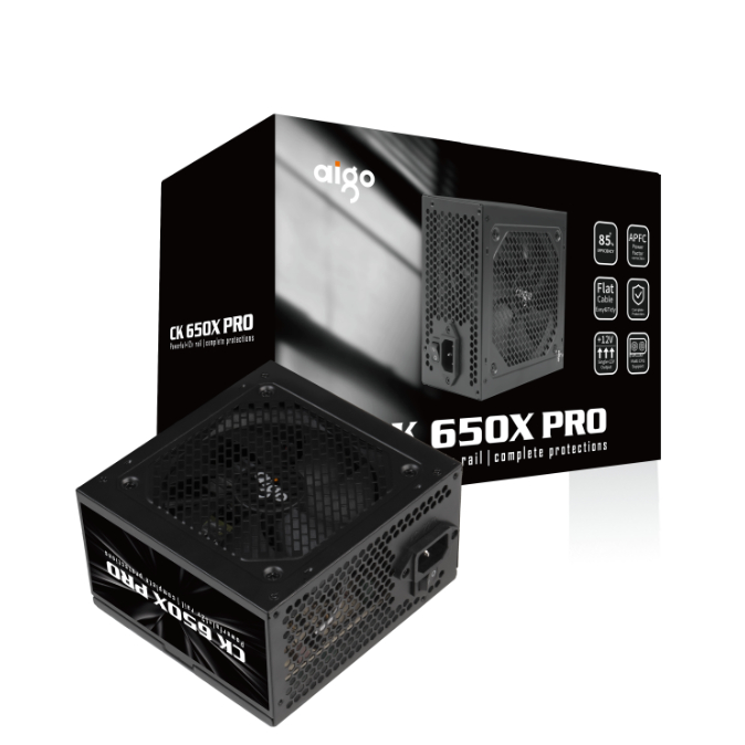 BỘ NGUỒN MÁY TÍNH AIGO MODEL CK650X PRO 650W APFC, 85+ EFICIENCY, DUAL XEON (DÂY CÁP ĐEN DẸT)