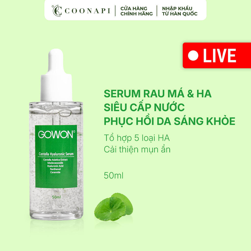 [LIVE] Serum Rau Má & HA GOWON Cấp Nước, Phục Hồi Da, Chăm Sóc Da Mụn 50ml