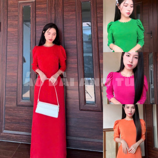 Áo Dài Truyền Thống Lụa Mỹ Tay Bồng Điểm Ngọc Tôn Dáng Sáng Da Vải Mềm Mướt Không Xù Không Nhăn