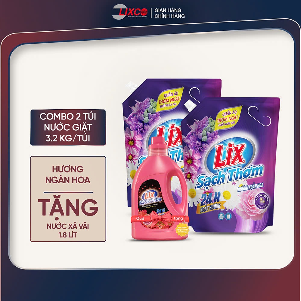  Combo 2 túi nước giặt Lix sạch thơm các hương tặng 1 chai nước xả vải 1.8L Lixco Việt Nam 