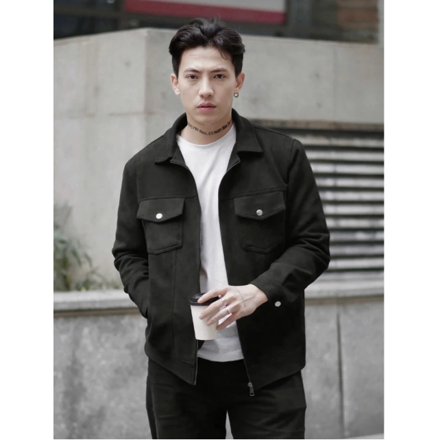 Áo khoác Da lộn nam LeeZone cao cấp | Da lộn Túi ngực Khoá kéo