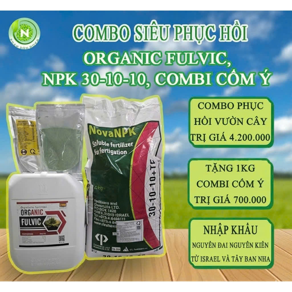 Combo Siêu Phục Hồi 3 Sản Phẩm ORGANIC FULVIC  Can 20L, NPK 30-10-10 Bao 25KG, COMBI CỐM Ý, Túi 1Kg