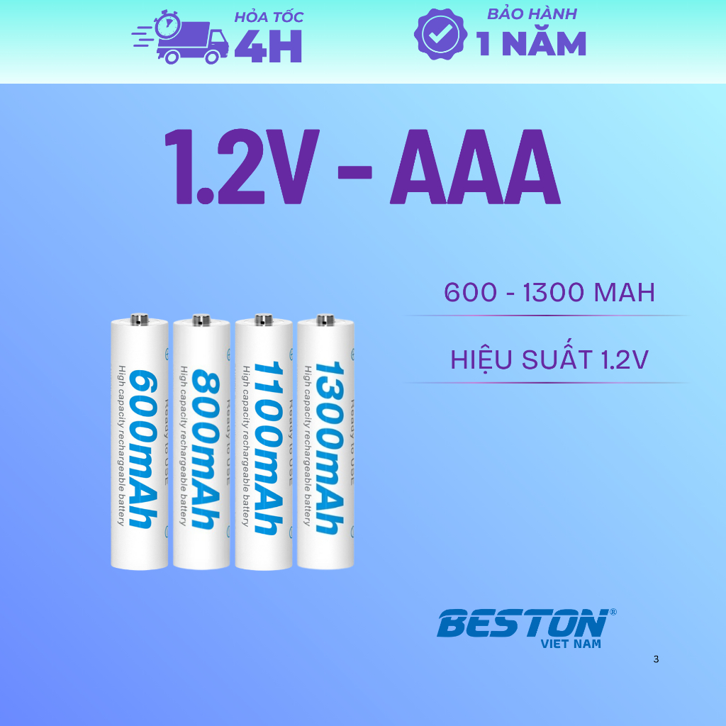 BESTON - Lẻ 1 viên pin sạc AAA 1.2V Ni-Mh dung lượng 600mAh đến 1300mAh - (BẢO HÀNH 1 NĂM)