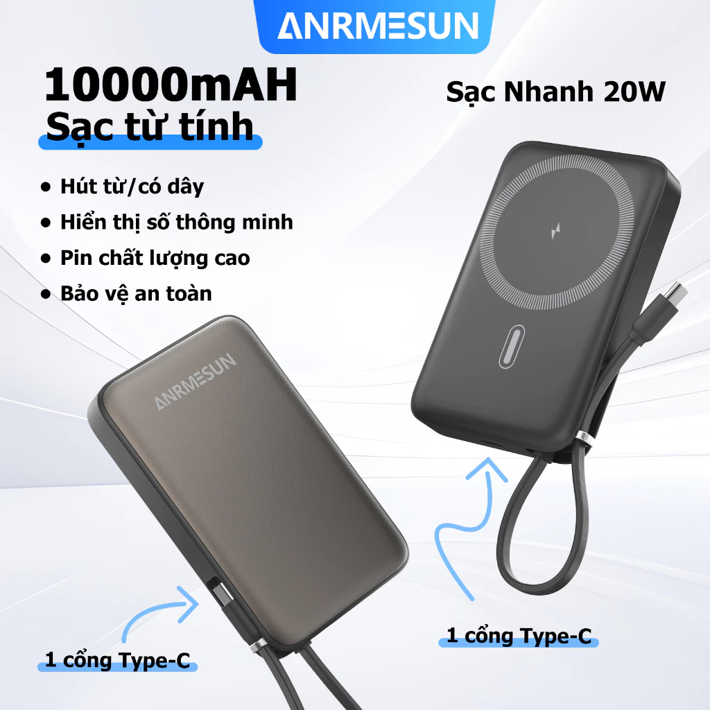 Sạc Dự Phòng ANRMESUN Từ Tính Không Dây 10000mAh PD 20W Sạc Nhanh Hình Led Tích Hợp TypeC Hút Từ Mạnh