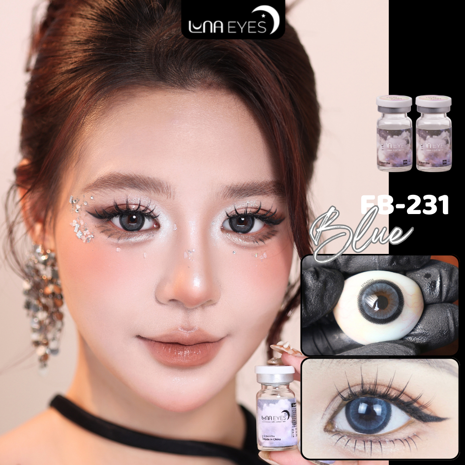 [6 tháng] Lens mắt FB-231 Blue màu xanh trơn viền đen bản to mắt mèo nổi bật, size lớn - LUNA EYES b