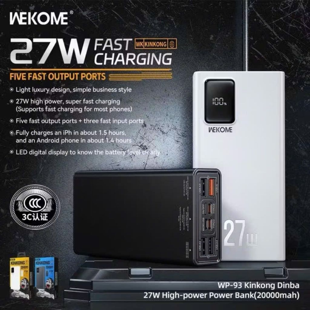 Pin dự phòng WEKOME WP-93 20000mah TypeC PD 27W, USB QC 3.0 22.5W CHUẨN 3C