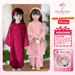  Áo dài đỏ mặc tết cho bé áo dài cách tân lông vũ bé gái tạng kèm mấn nhún cũng màu xinh yêu cho bé 