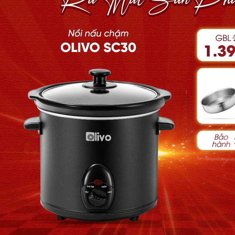 Nồi Nấu Chậm OLIVO SC25 2.5L, SC30 3L – Lòng Gốm Tráng Men – 3 Mức Nhiệt – Nấu Cháo, Kho Cá, Hầm