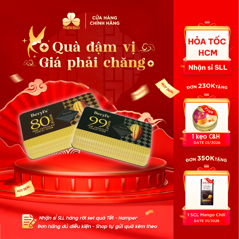 Socola đắng Beryl's cacao dark chocolate 99% 80% - hộp thiếc 108g