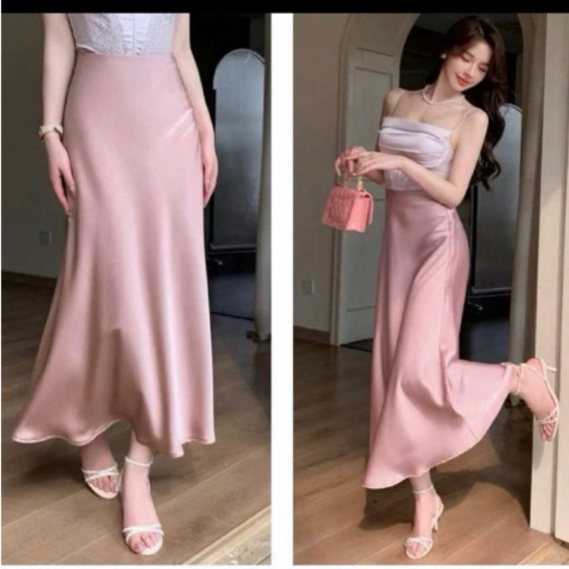 chân váy lụa midi có chun kéo khoá chân váy dài BIGSZIE