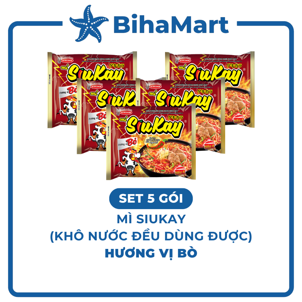[SET 5 GÓI]- ACECOOK - Mì Siukay hương vị Bò, Siukay mì bò Siukay mì cay 7 cấp độ Siukay, Mì Siu Kay