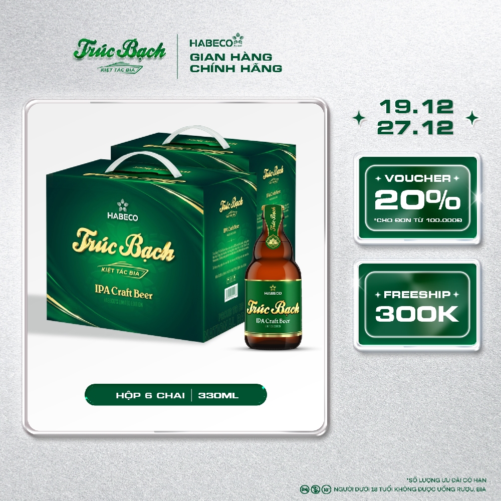  Bia Trúc Bạch IPA Craft - Nồng độ cồn 6,5% - COMBO 2 Hộp 6 chai 330ml chai 