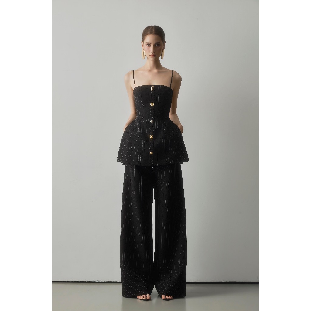 LENCIS | Duskline set - Black stripe - Set áo dây xẻ tà phối cùng quần ống suôn rộng, màu đen sọc sa