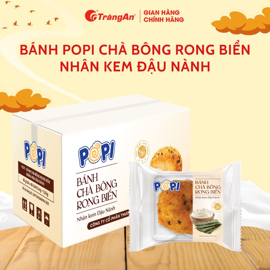 Bánh 𝐏𝐎𝐏𝐈 chà bông nhân kem đậu nành Mềm Thơm Dinh Dưỡng Tiện Lợi 45g x 40 gói/thùng | Bánh kẹo Tràn