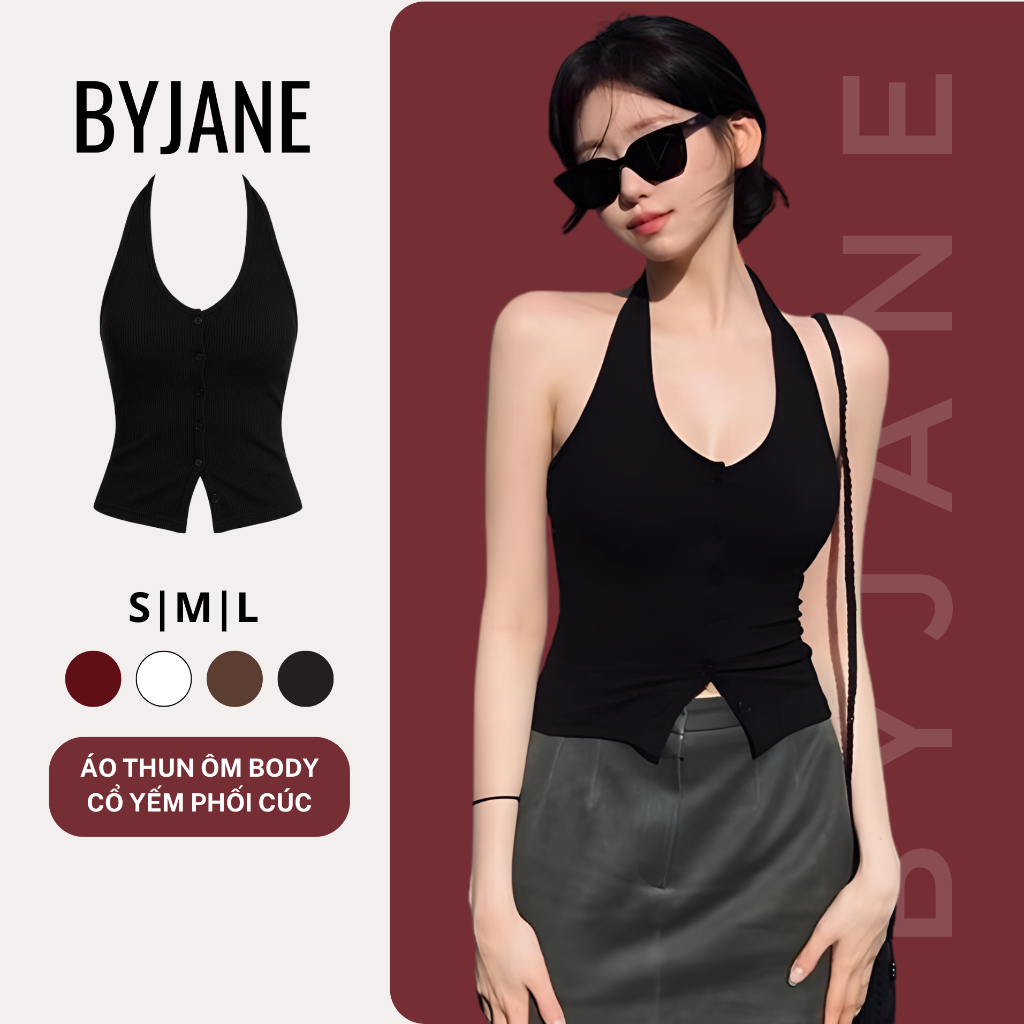 (Tặng Buộc Tóc) Áo Thun Nữ Ôm Body Cổ Yếm Phối Cúc BYJANE-165