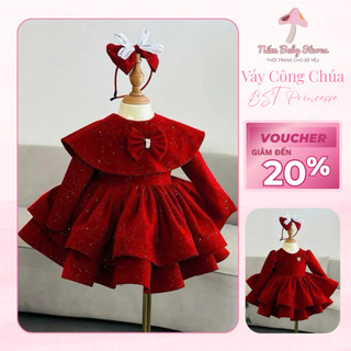 Set váy nhung đỏ kèm áo choàng ngoài xinh yêu cho bé gái [DÀI TAY NHUNG CỔ TRÒN 2 TẦNG]