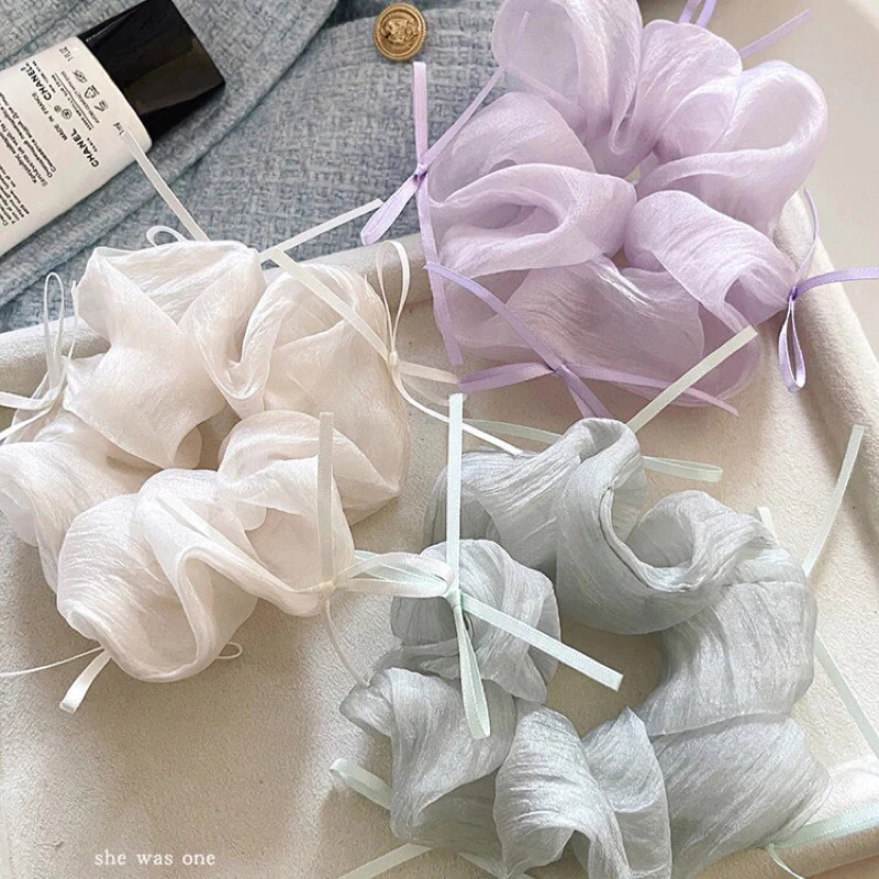 [Peinn] Cột tóc scrunchies voan trơn phối nơ xinh xắn Dtonline