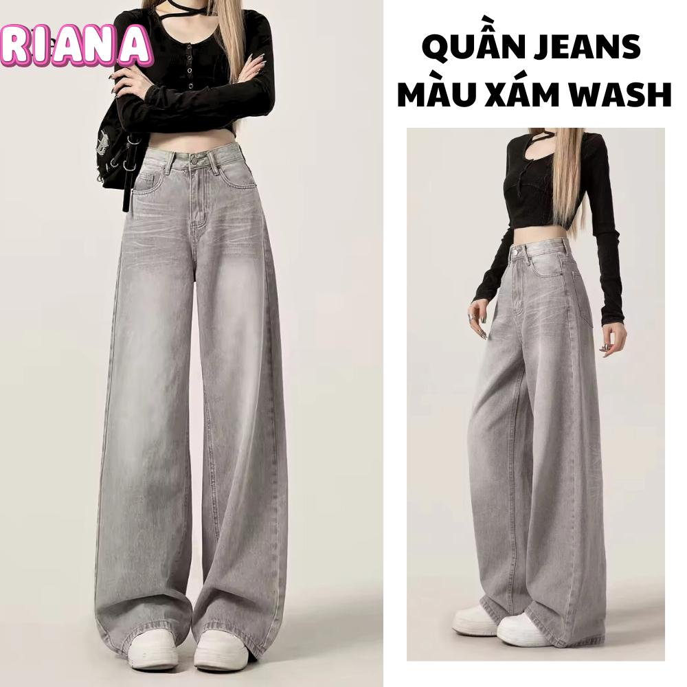 Quần Jean Nữ Ống Suông XÁM WASH MIAA Dáng Rộng Cạp Cao, Quần Jeans Màu Retro Wash Basic Dễ Phối Đồ