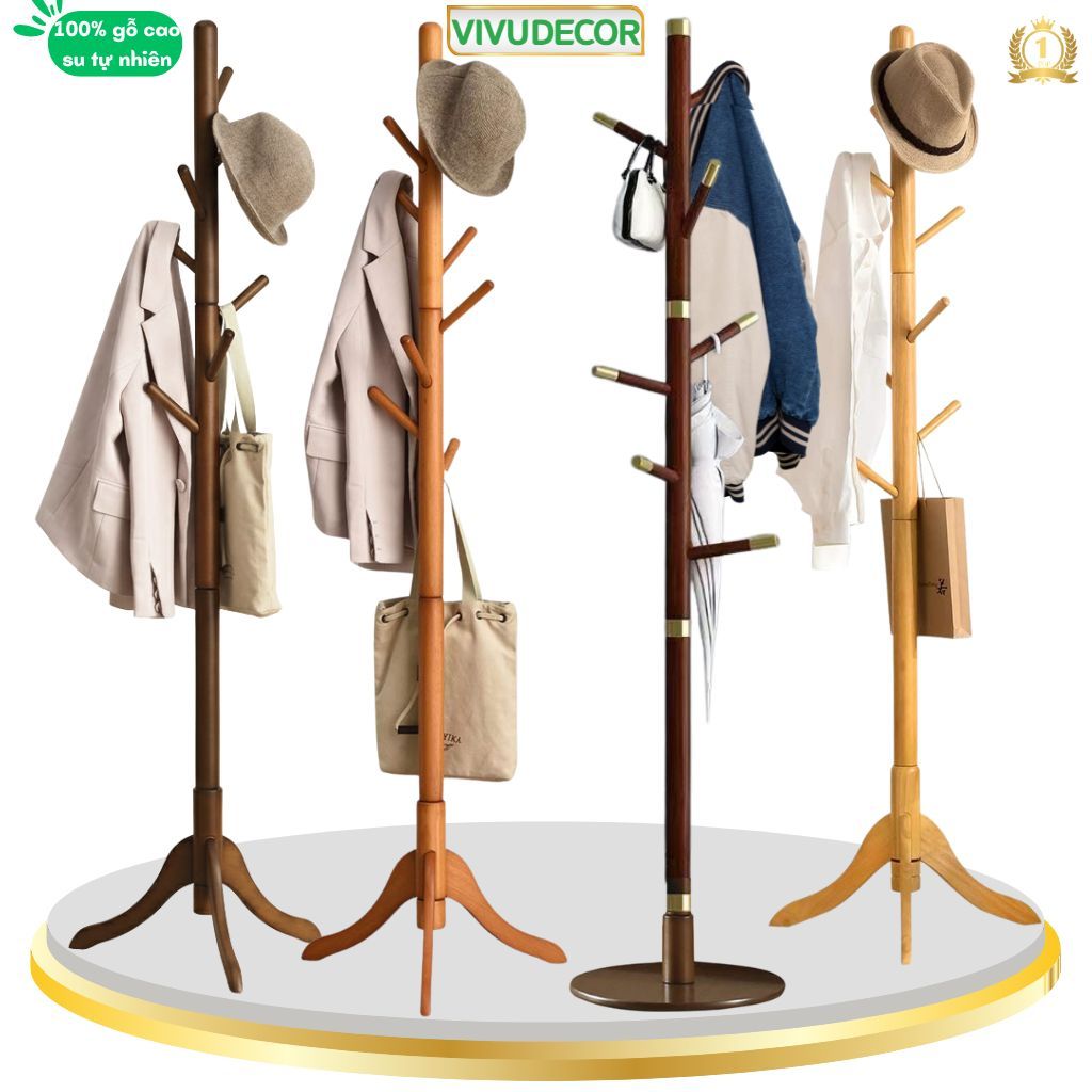 [Cao Cấp 2026] Cây treo quần áo gỗ 100% tự nhiên ViVuDecor - Cây treo đồ 8-9 nhánh, gỗ cao su