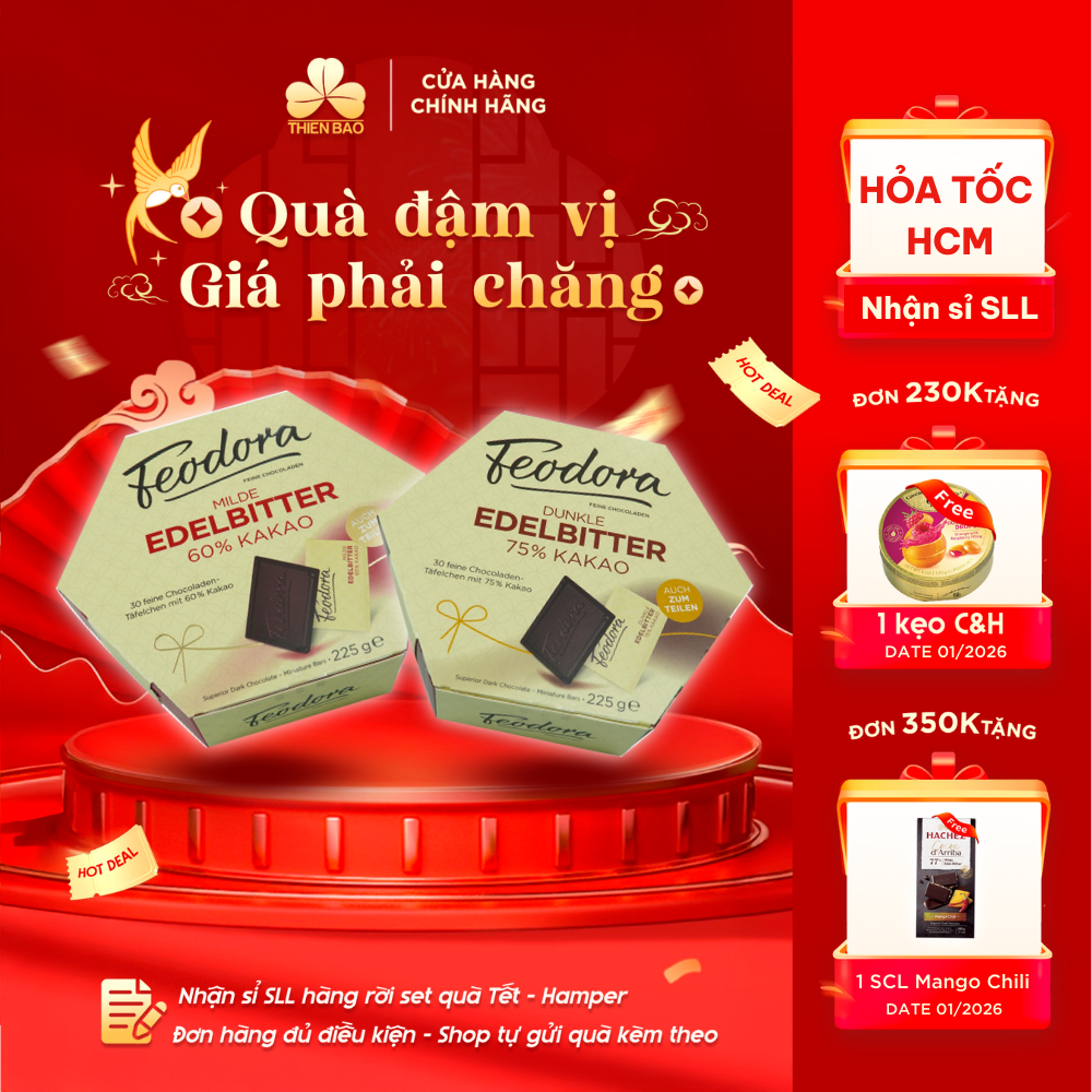Socola Feodora Dark 60% Cacao & 75% Cacao Hộp Giấy 225g
