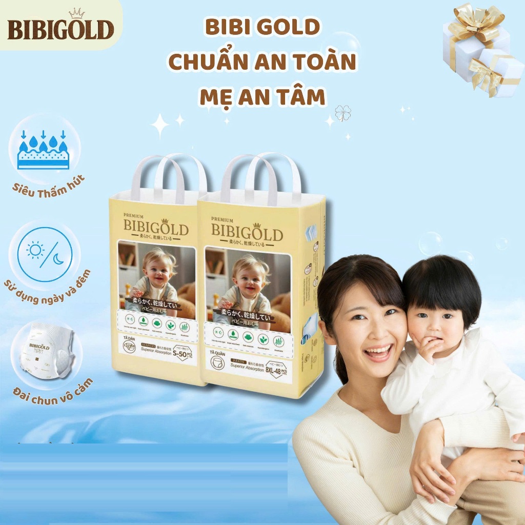 Tã bỉm dán/ quần cao cấp cho bé dùng ngày/ đêm Bibi gold Premium size lớn đến 8XL
