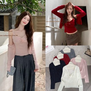  METWO. - Set len mỏng mongtoghi áo 2 dây nhún ngực đính hoa hồng QC kèm áo khoác cardigan croptop ulzzang Hàn Quốc #9130 