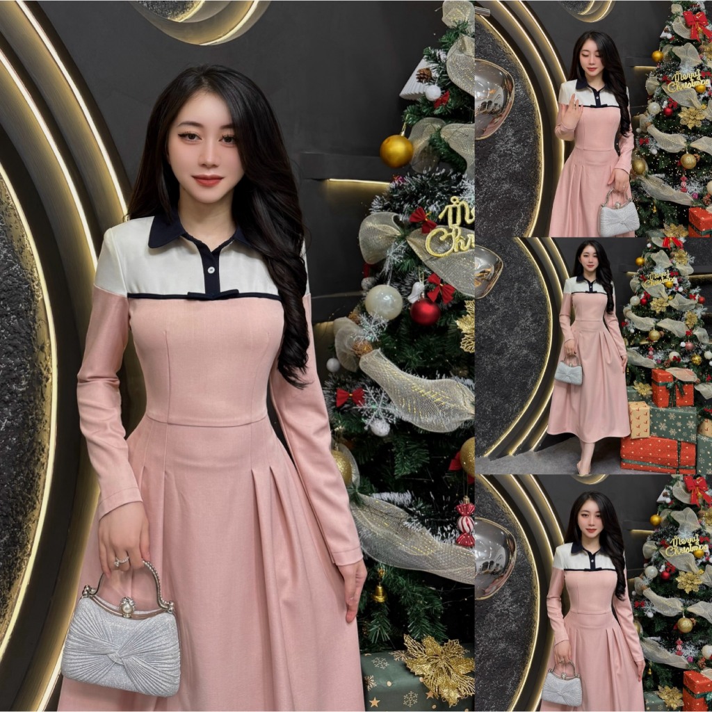 2VK33 - Váy Thiết Kế Eviici dành cho nữ, thiết kế cổ đức phối viền nơ liền, dáng A xòe dài