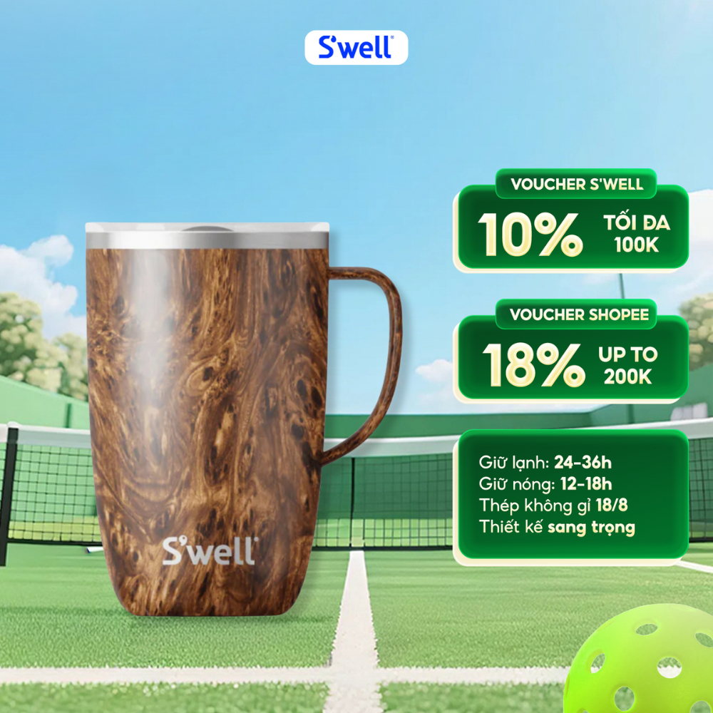 Cốc Giữ Nhiệt S’well Teakwood Có Quai Cầm 470ml Giữ Lạnh 10h/Nóng 3h 14416-B20-70720 - Thép Không Gỉ