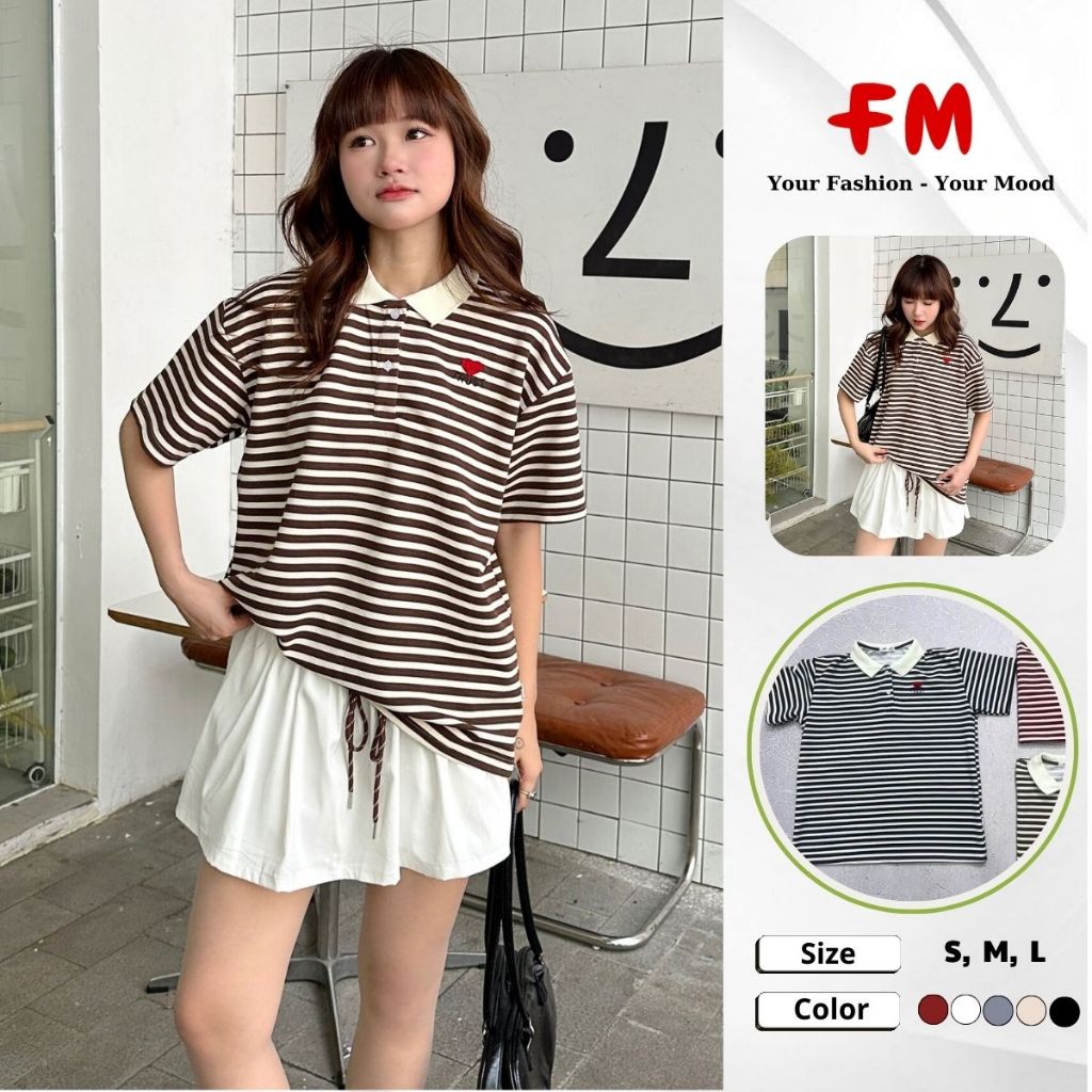 Áo Polo Nữ Oversize FMSTYLE Sọc Ngang Thêu TRUST Phong Cách Hàn Quốc Trẻ Trung Năng Động 25080119