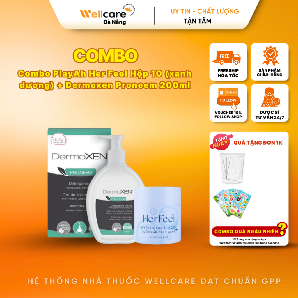 Combo PlayAh Her Feel Hộp 10 (xanh dương) + Dermoxen Proneem 200ml