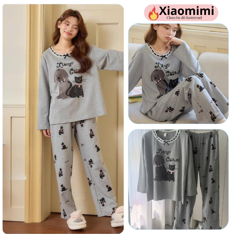 Set Đồ Ngủ Nữ Pijama Mèo Cute – Đồ Mặc Nhà Dài Tay Dáng Suông HCOM26908