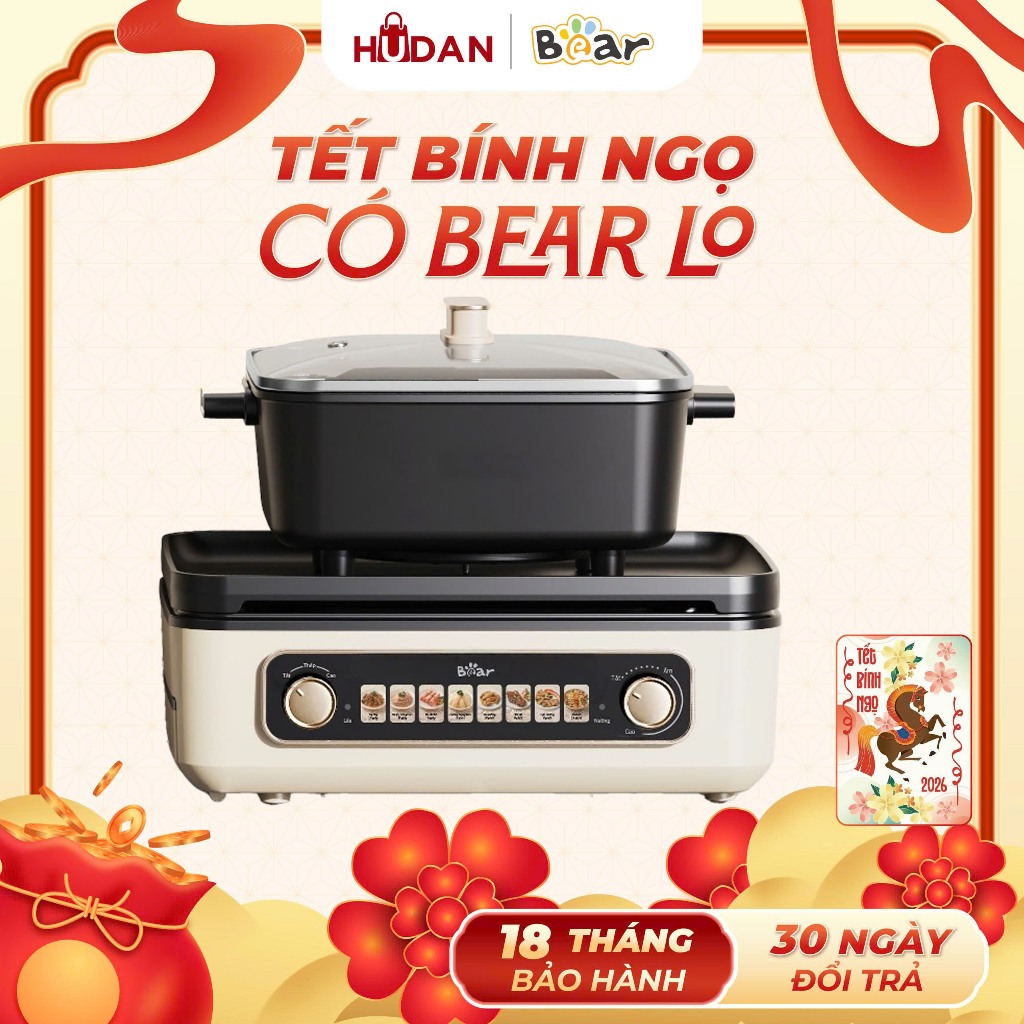 Nồi lẩu nướng BEAR 4L GR-5H22R83 Tiếng Việt Chiên Xào Áp chảo + Lẩu 2in1 BH 18 tháng